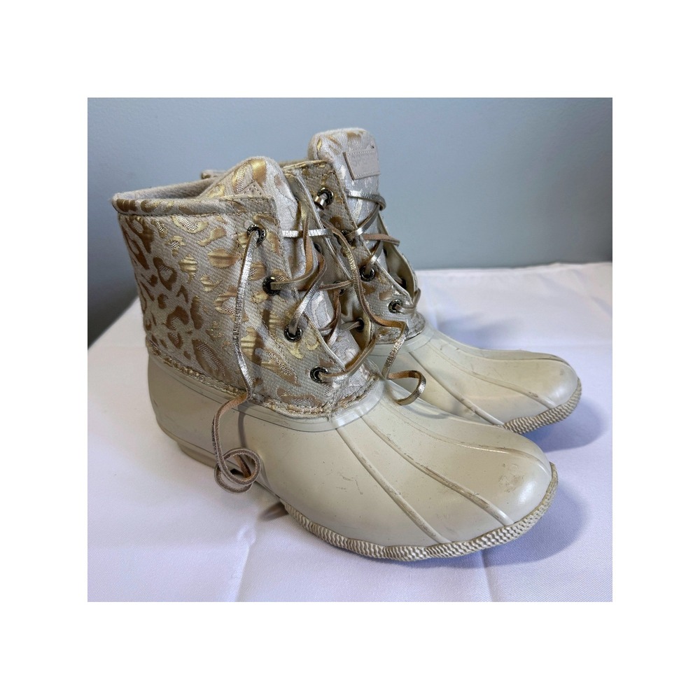 Sperry Women Saltwater Seasonal Boot 8.5 Ivory/Metallic Leopard Print Duck Boots